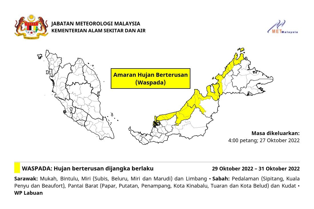 Amaran hujan tahap waspada di Sarawak, Sabah, Labuan bermula Sabtu ini