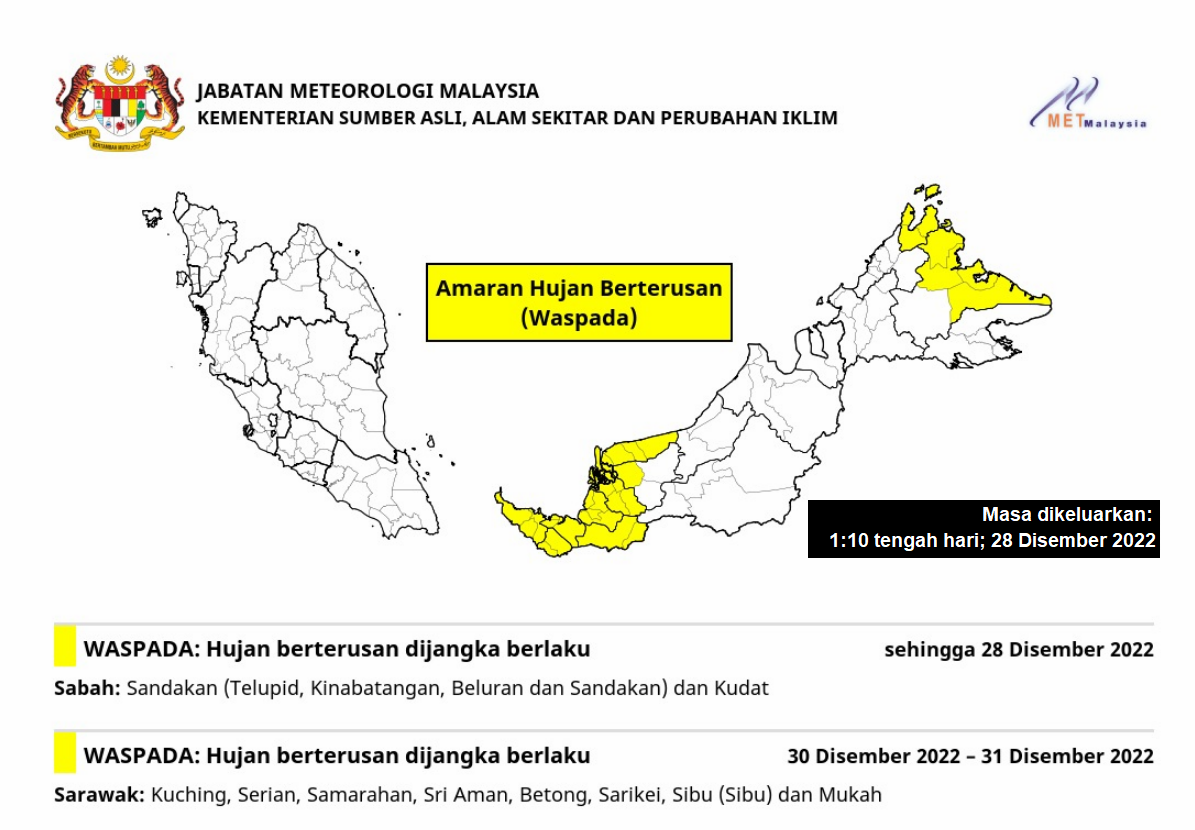 Sabah dan Sarawak, hujan berterusan akhir Disember ini