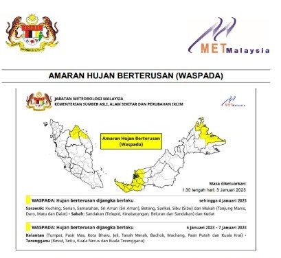 Amaran hujan berterusan di Sabah dan Sarawak ditamatkan