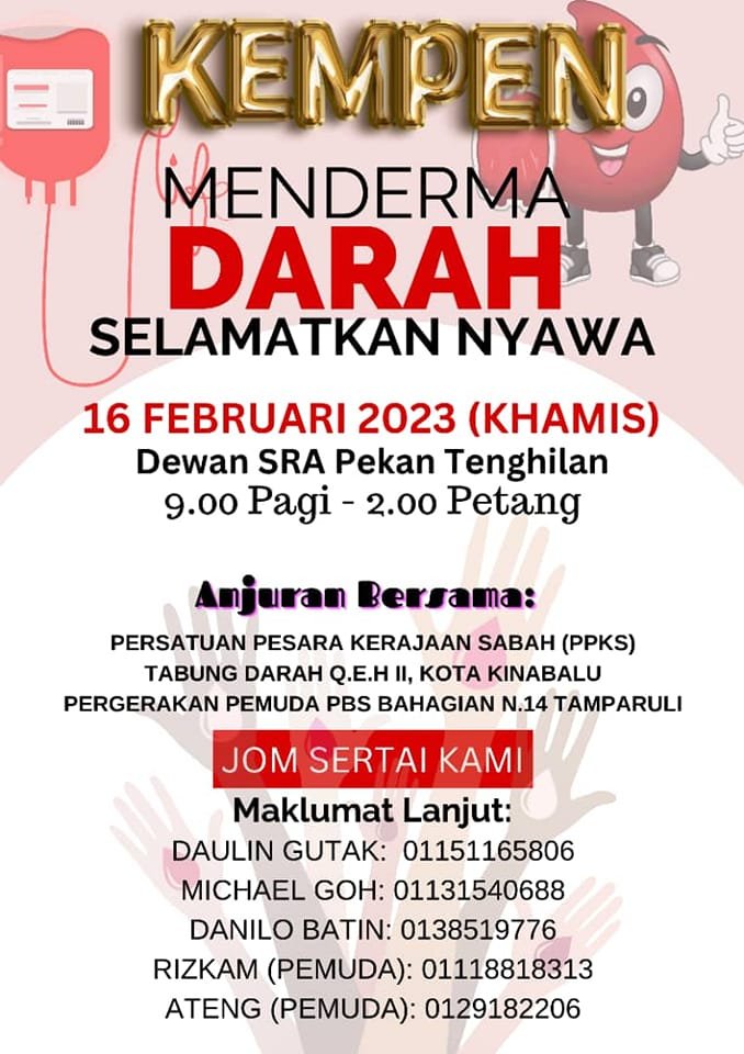 Orang ramai dipelawa sertai kempen derma darah di Pekan Tenghilan 16 Feb ini